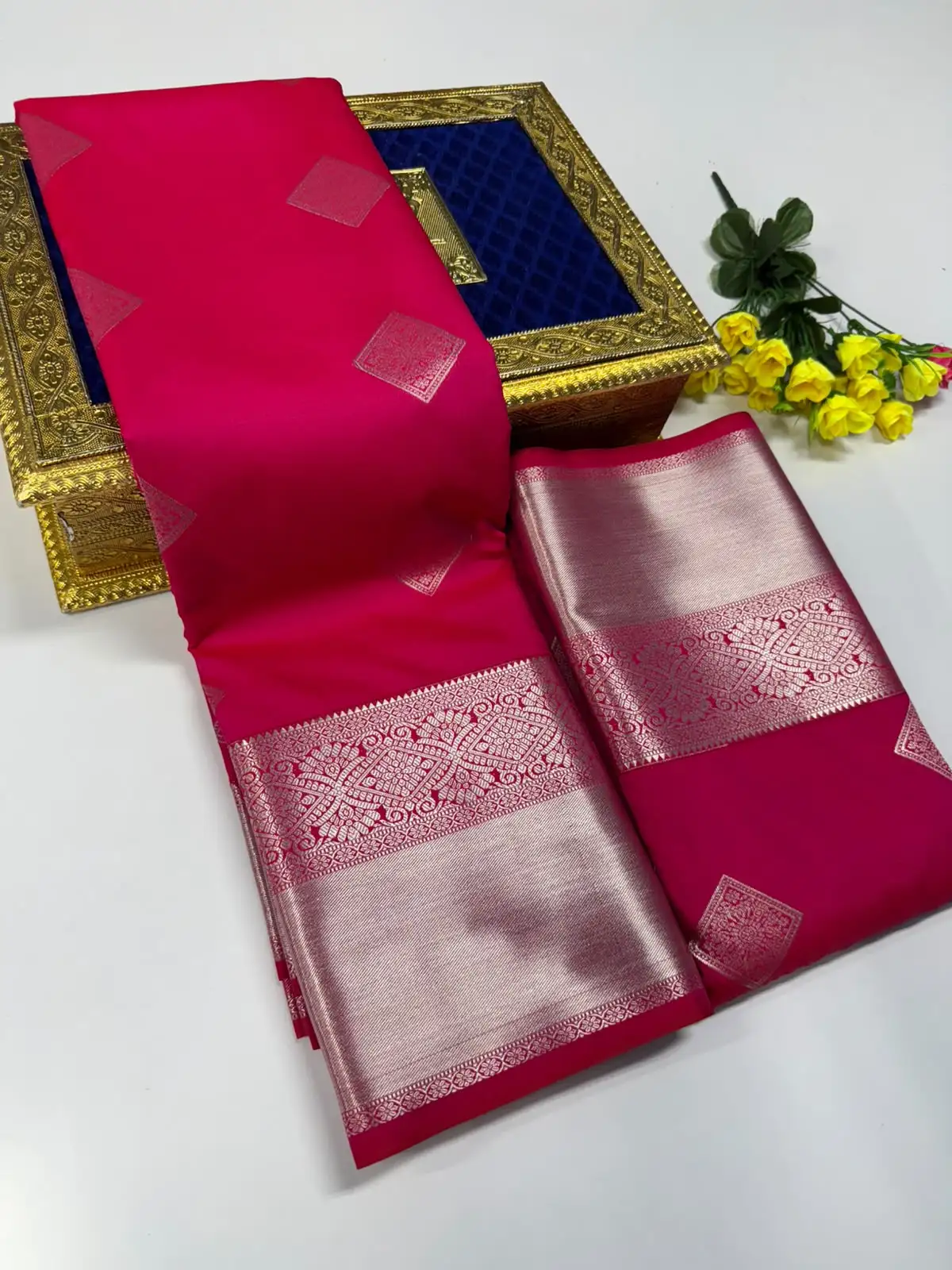 Diamond Floral Zari Butta Silver Brocade Border Semi Kanchipuram Silk Saree